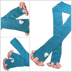 Hand Knit Barbie Core Cute Kawaii Teal Knit Scarf Pink Ruffle Trim White Heart